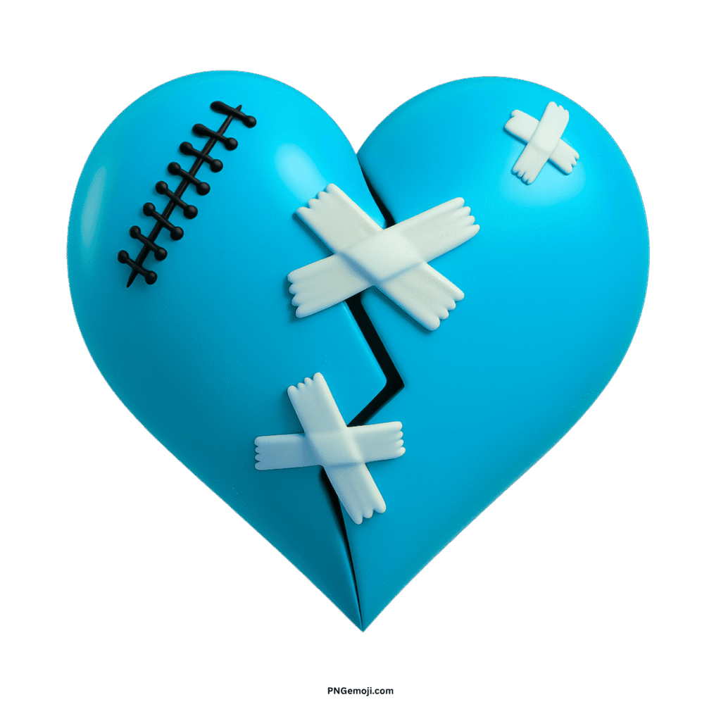 A broken cyan heart mended with white bandages and dark stitches on a black background.