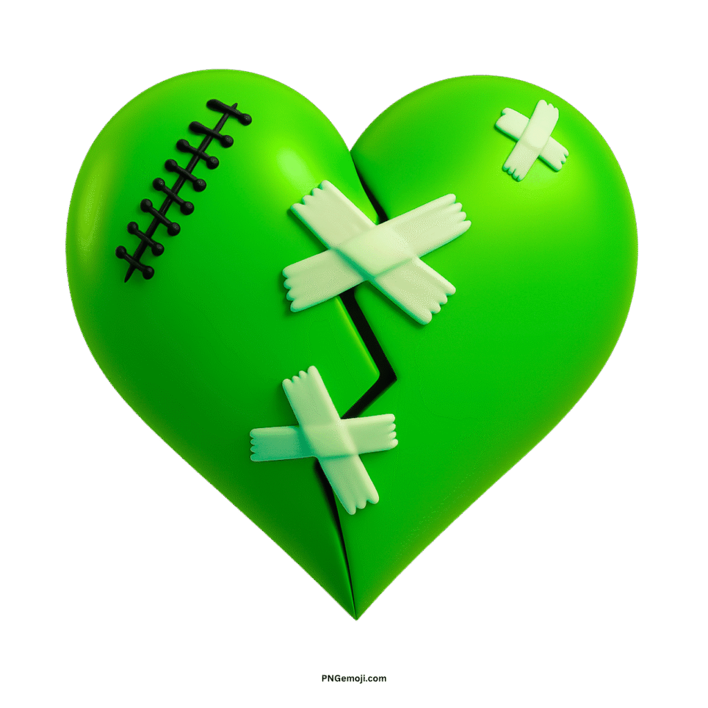 A broken green heart mended with light bandages and dark stitches on a black background.