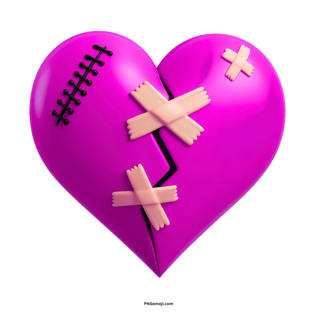 A broken magenta heart mended with light bandages and dark stitches on a black background.