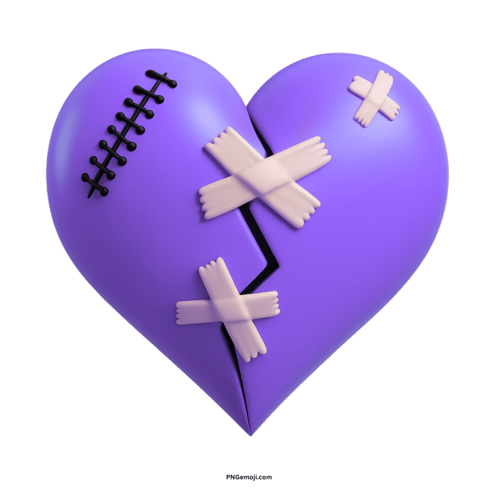 A broken purple heart mended with light bandages and dark stitches on a black background.