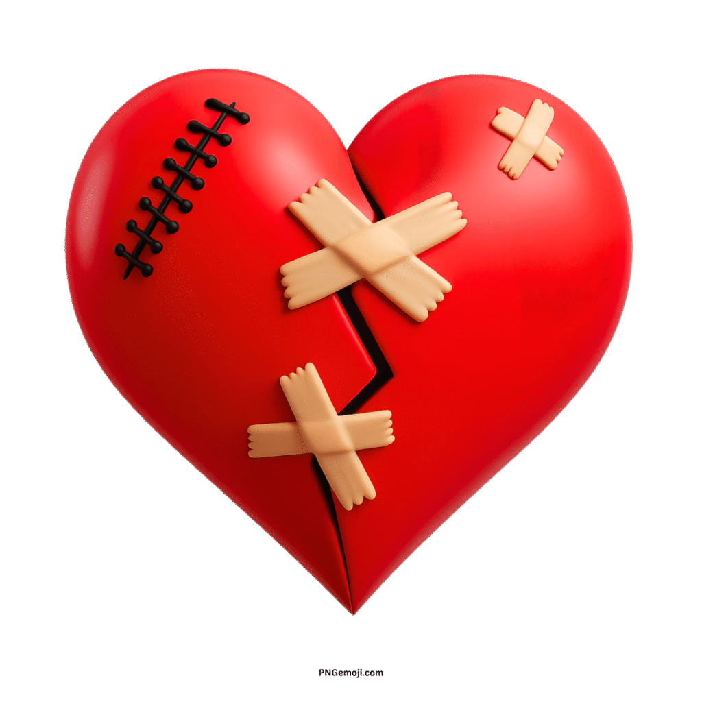 A broken red heart mended with beige bandages and dark stitches on a black background.