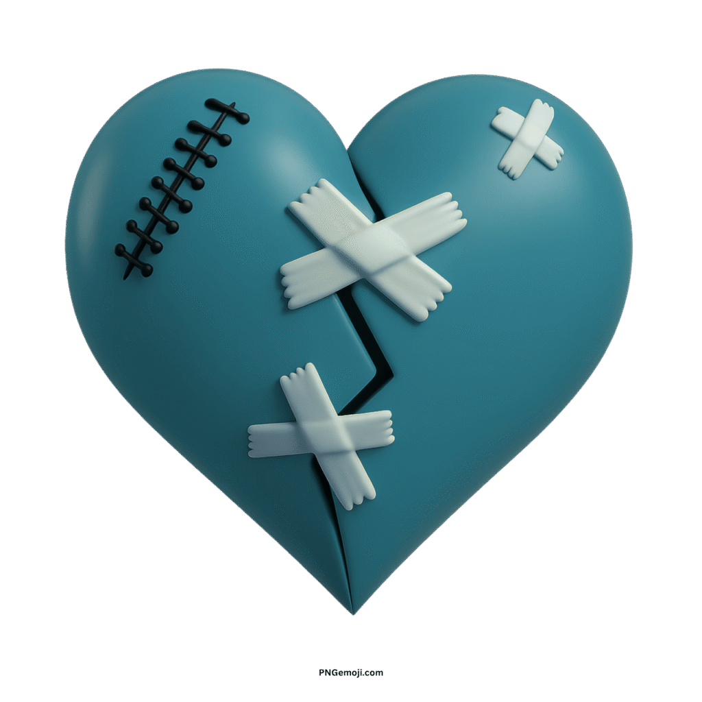 A broken teal heart mended with white bandages and dark stitches on a black background.