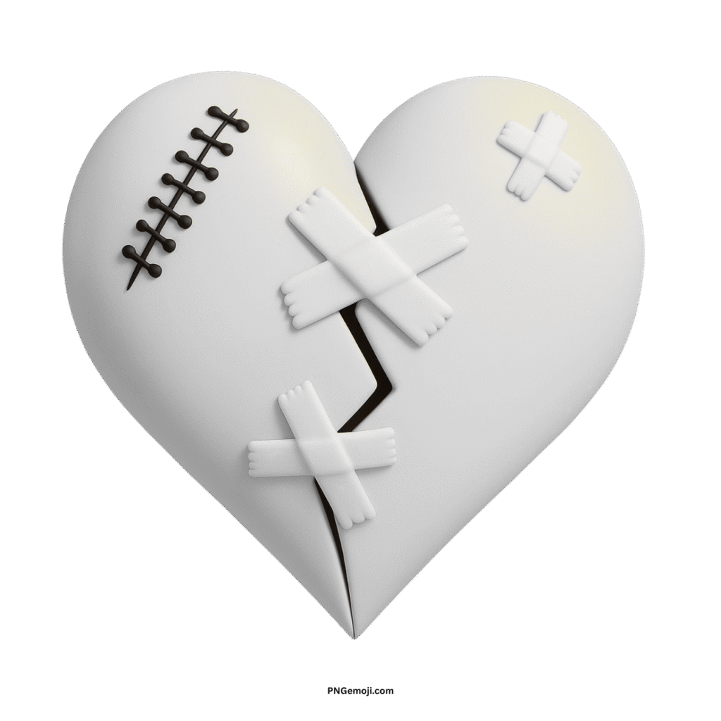 A broken white heart mended with white bandages and dark stitches on a black background.