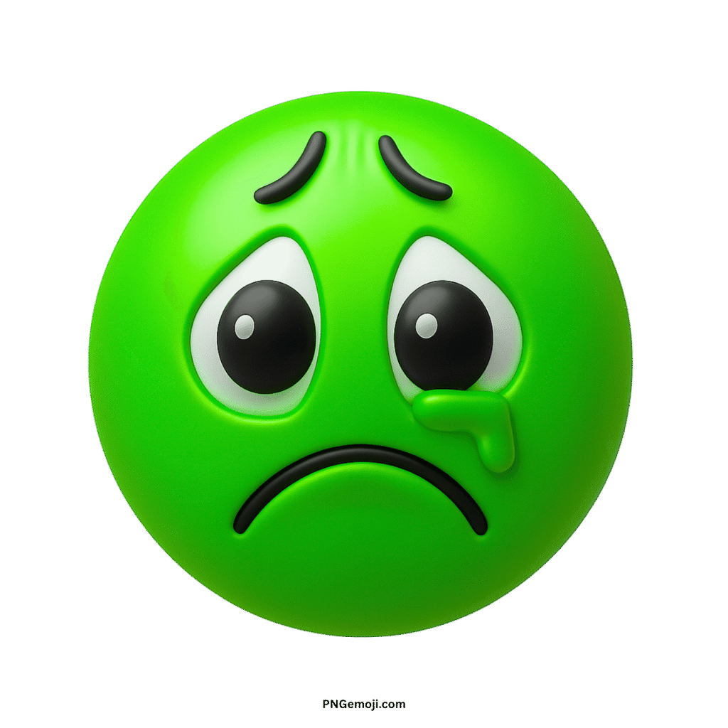 3D rendered green crying face emoji with a single tear, expressing deep sadness.