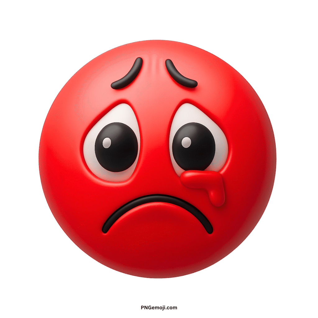 3D rendered red crying face emoji with a single tear, expressing deep sadness.
