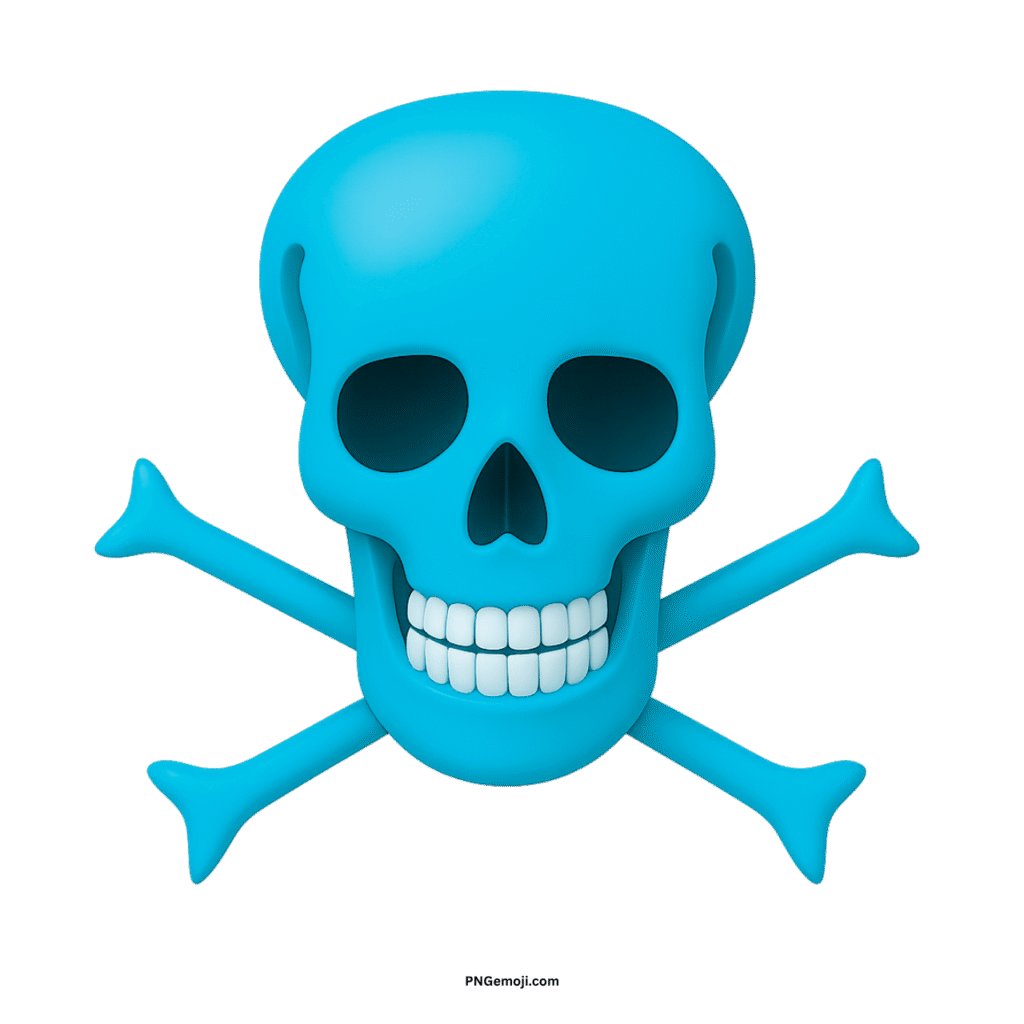 Stylized 3D cyan skull and crossbones with white teeth on black background.