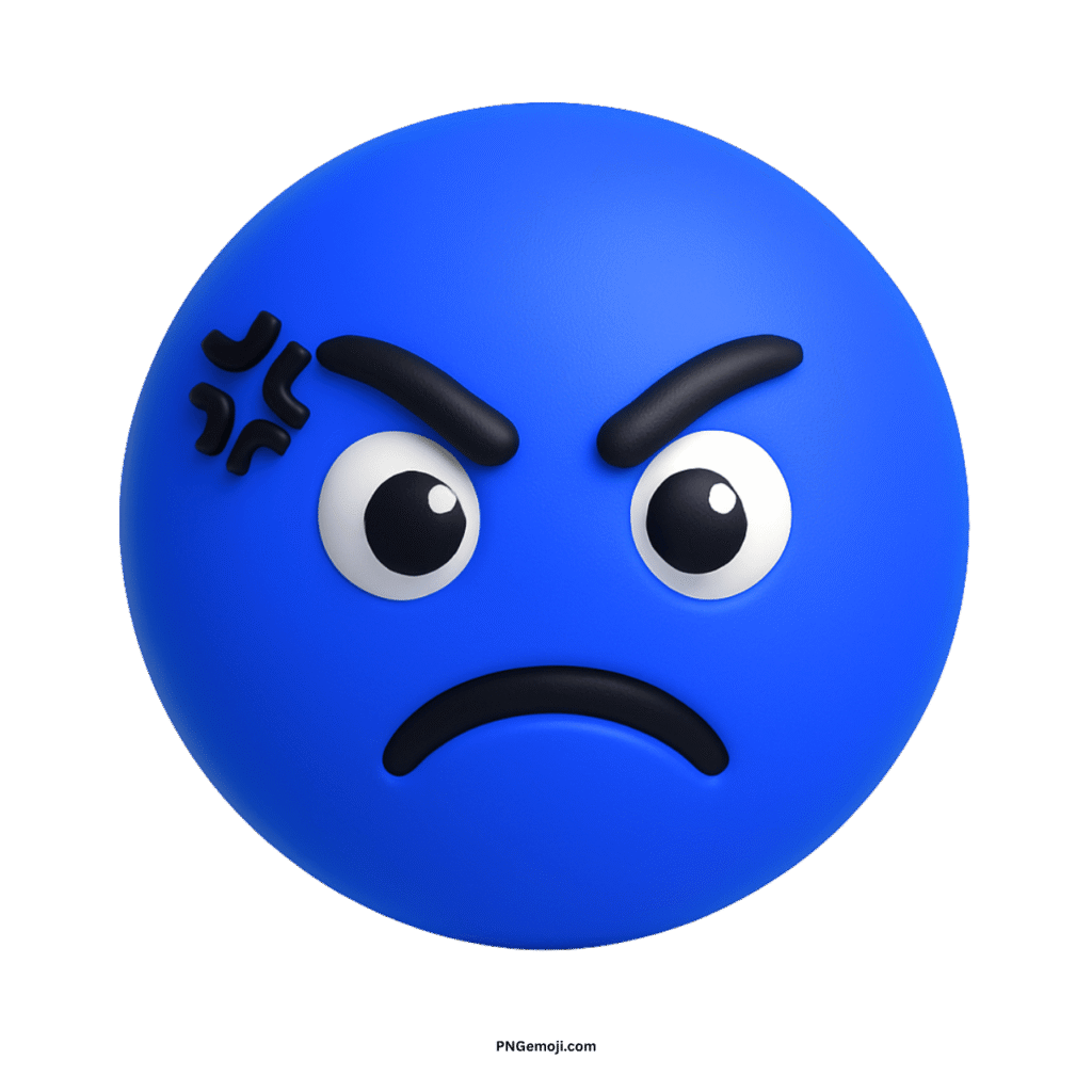  A 3D render of an angry blue emoji with furrowed brows and a frown.