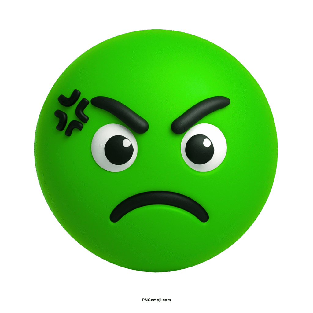 A 3D render of a disgusted green emoji with an angry frown.