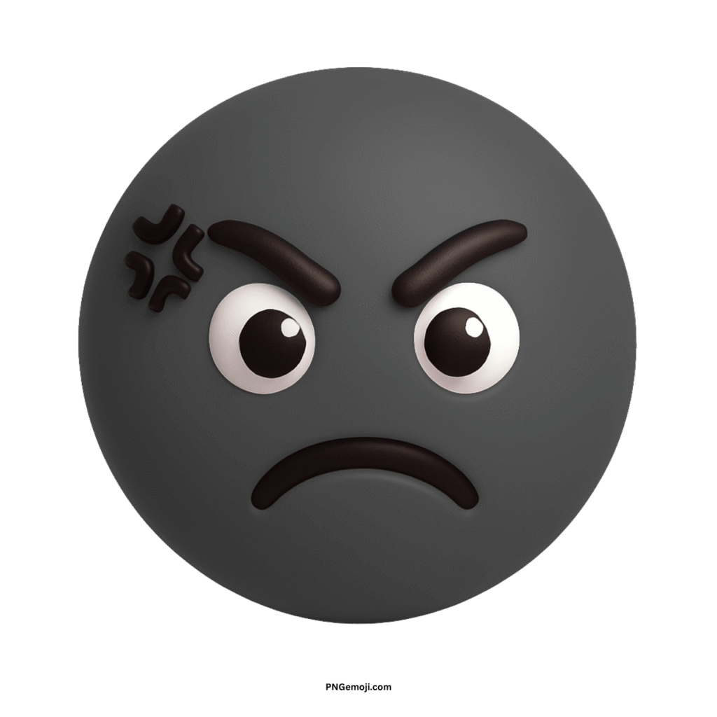 A 3D render of a disgusted dark grey emoji with an angry frown.