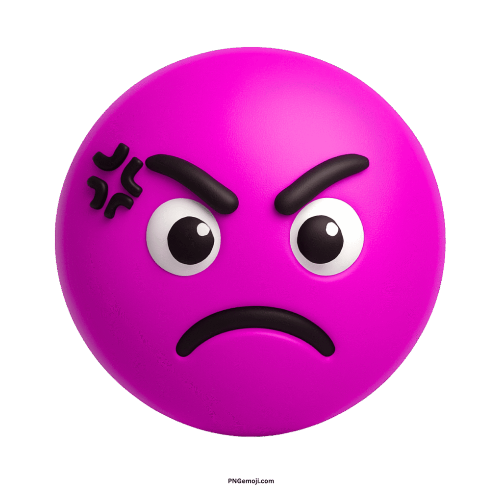 A 3D render of a disgusted pink emoji with an angry frown.