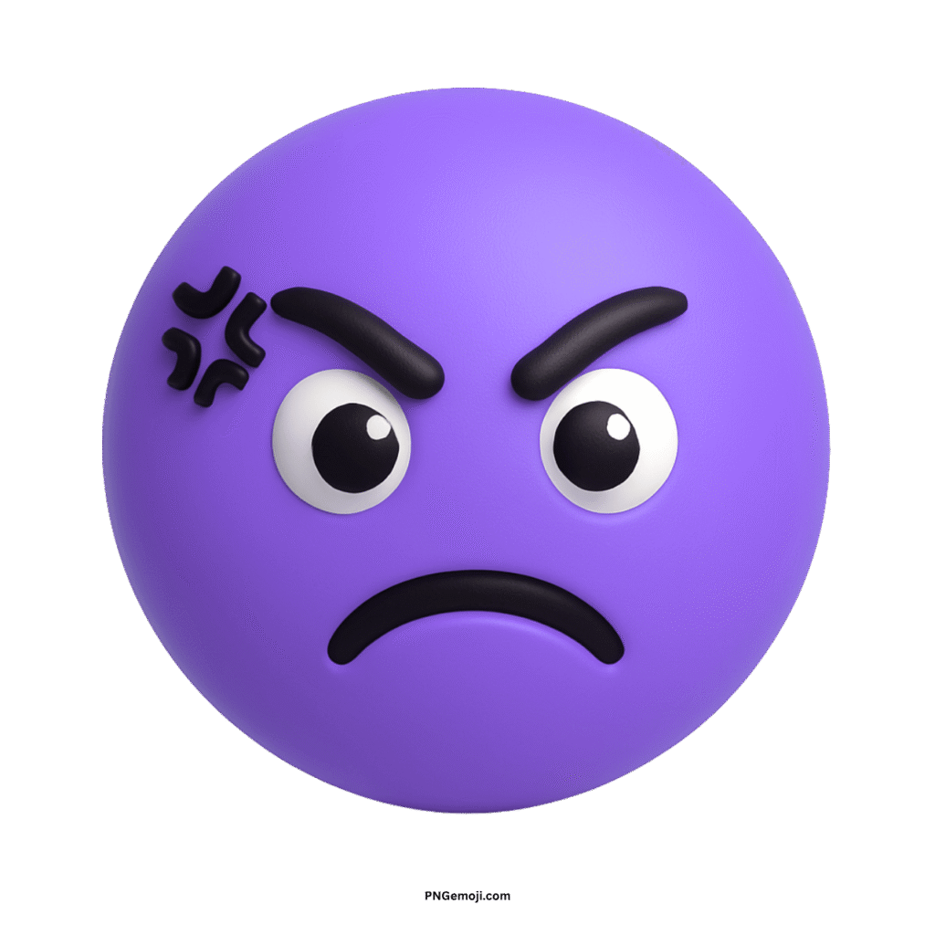  A 3D render of a disgusted purple emoji with an angry frown.