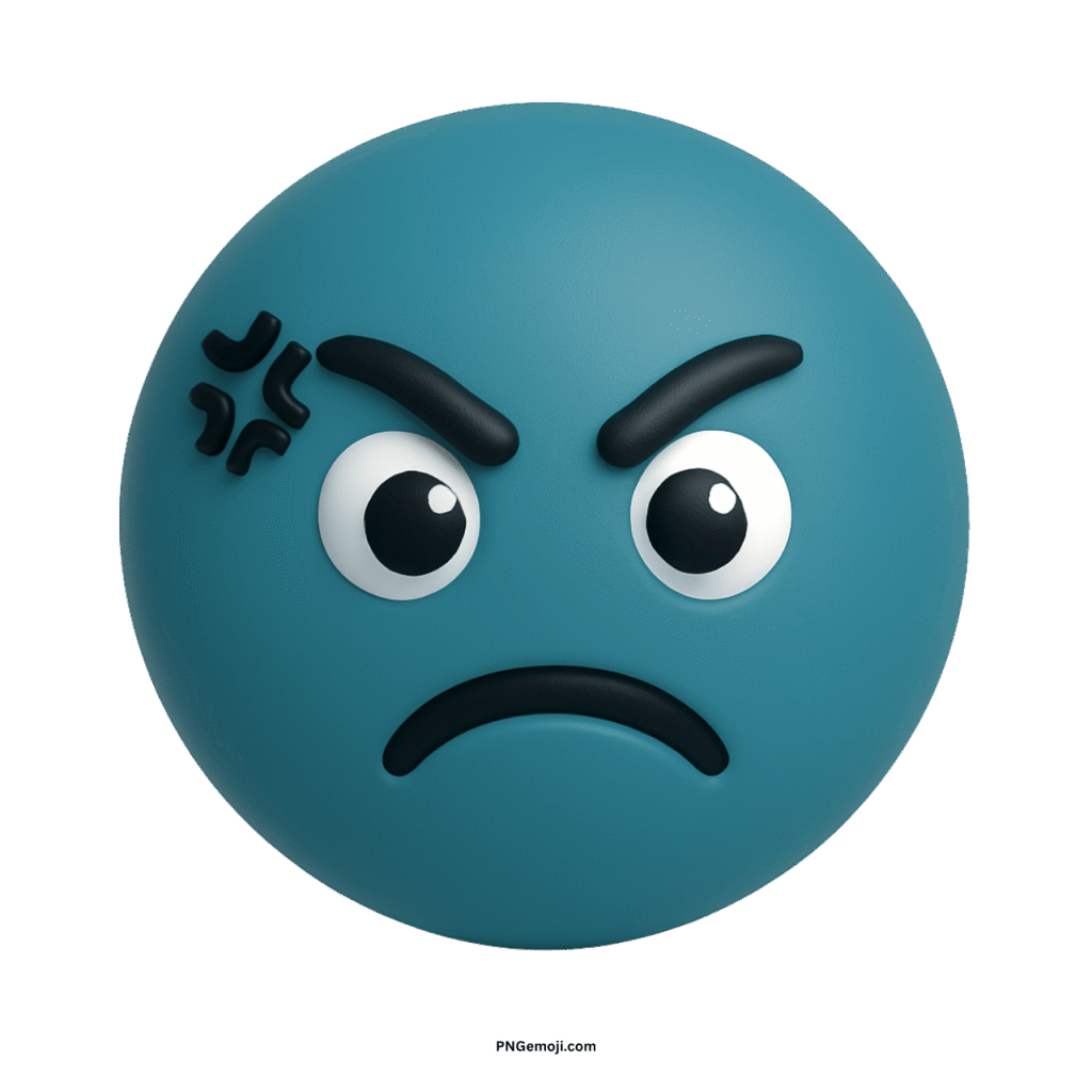 A 3D render of a disgusted teal emoji with an angry frown.