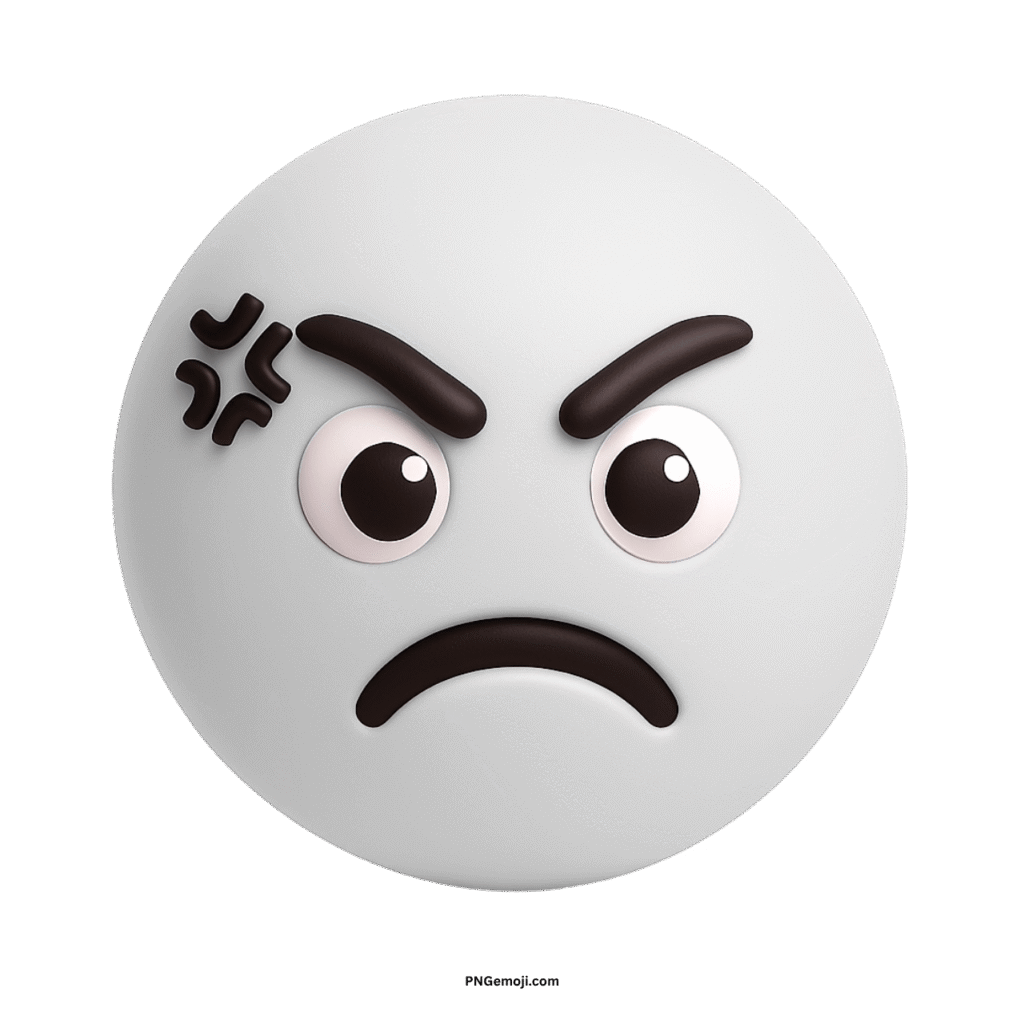 A 3D render of a disgusted white emoji with an angry frown.