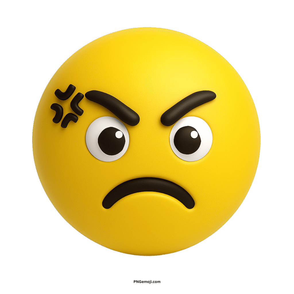  A 3D render of a disgusted yellow emoji with an angry frown.
