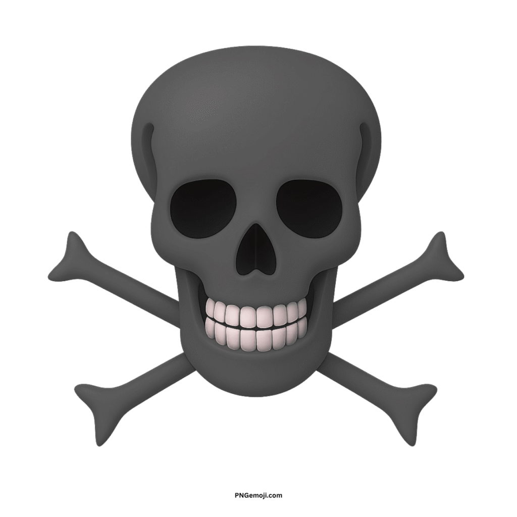 Stylized 3D gray skull and crossbones with white teeth on green background.