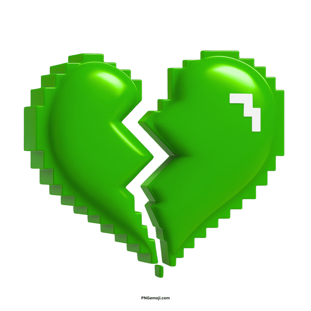 A 3D pixel art style green heart, broken, with a small white pixelated error symbol.