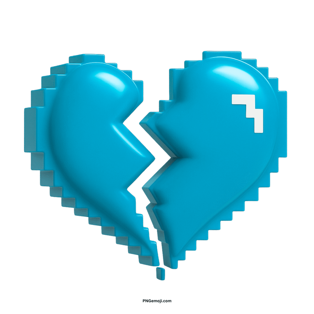 A 3D pixel art style light blue heart, broken, with a small white pixelated error symbol.