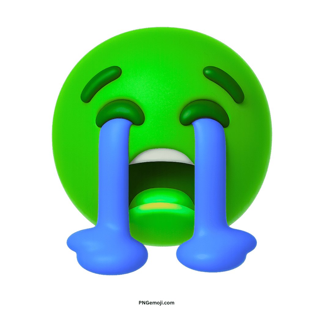 3D green loudly crying face emoji with mouth open and large blue tears.