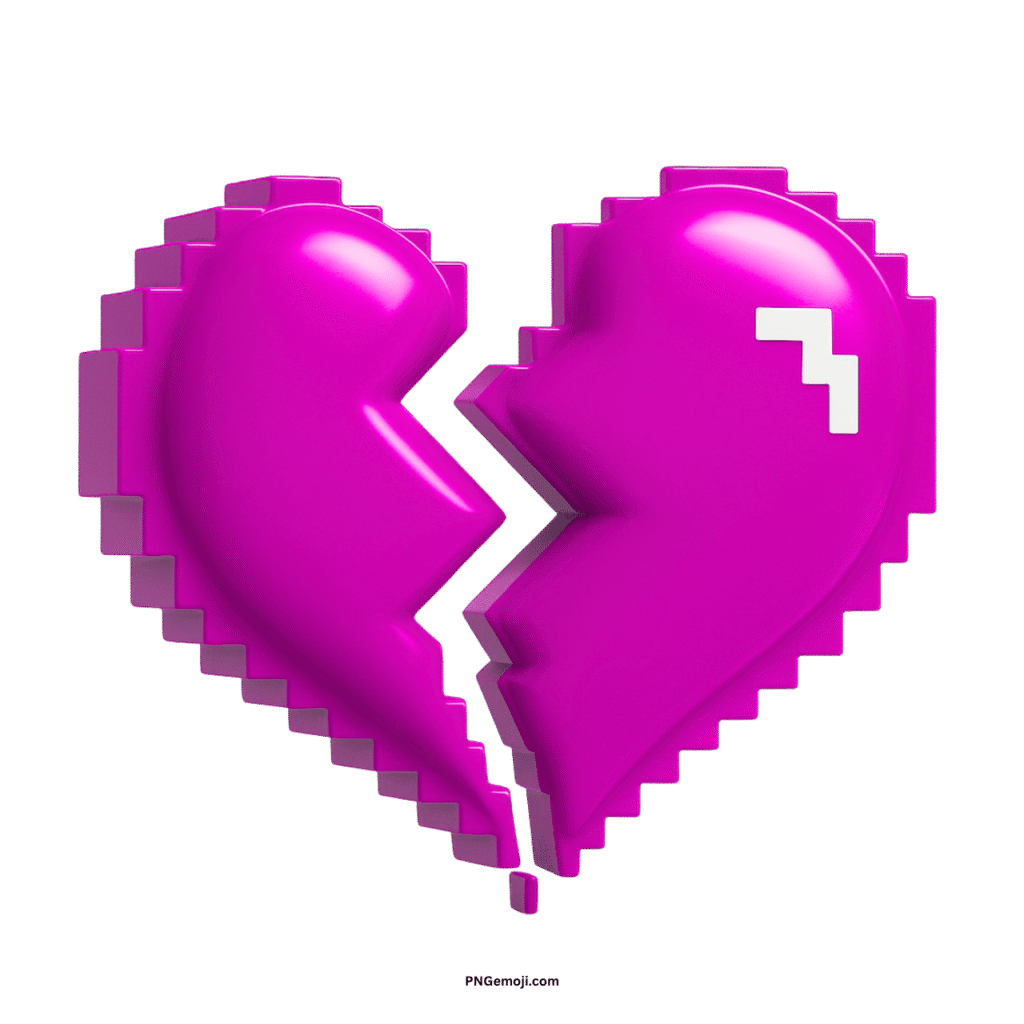 A 3D pixel art style pink heart, broken, with a small white pixelated error symbol.