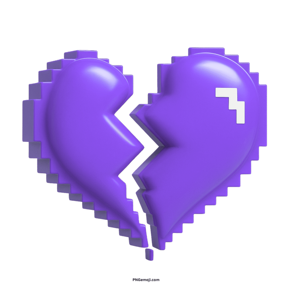 A 3D pixel art style purple heart, broken, with a small white pixelated error symbol.