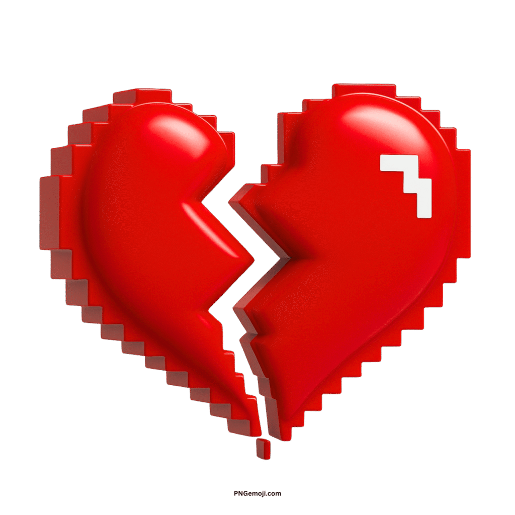 A 3D pixel art style red heart, broken, with a small white pixelated error symbol.