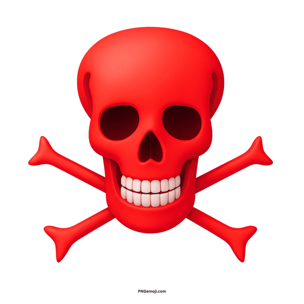  Stylized 3D red skull and crossbones with white teeth on black background.