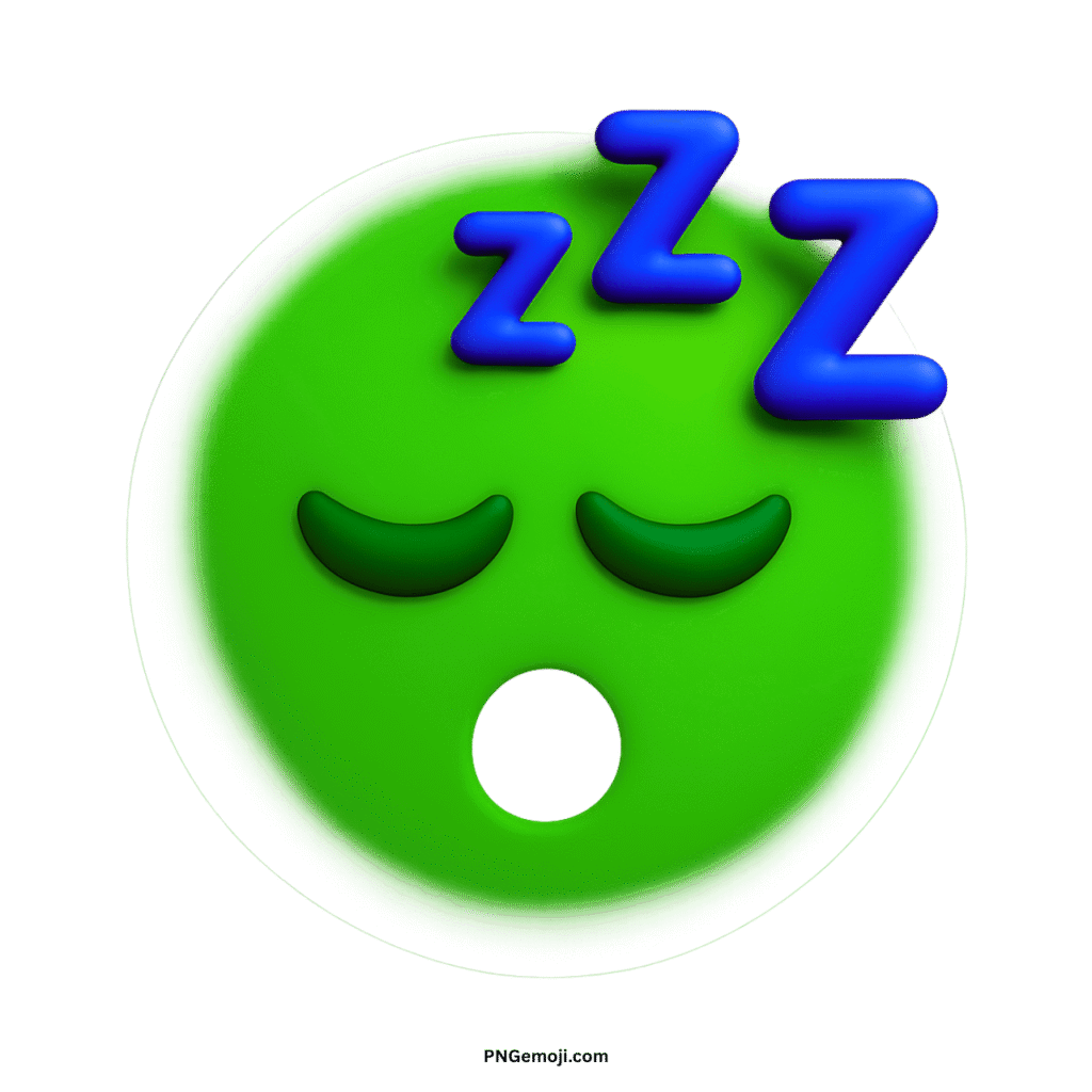 3D rendered green sleepy face emoji with closed eyes, open mouth, and Zzz symbols.