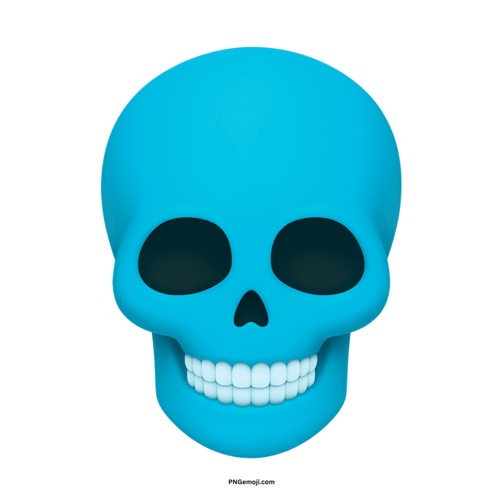 Stylized 3D cyan skull face with white teeth, large eye sockets, on black.