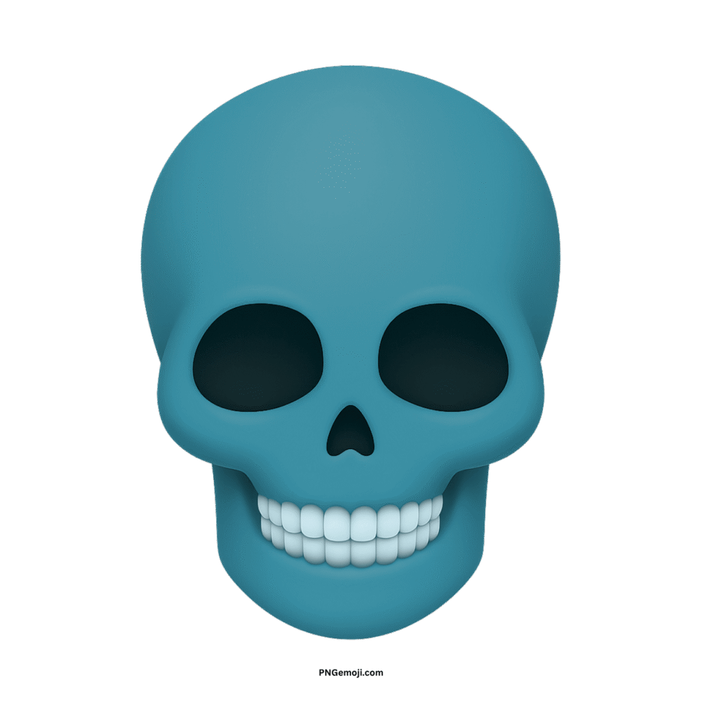 Stylized 3D dark cyan skull face with white teeth, large eye sockets, on black.
