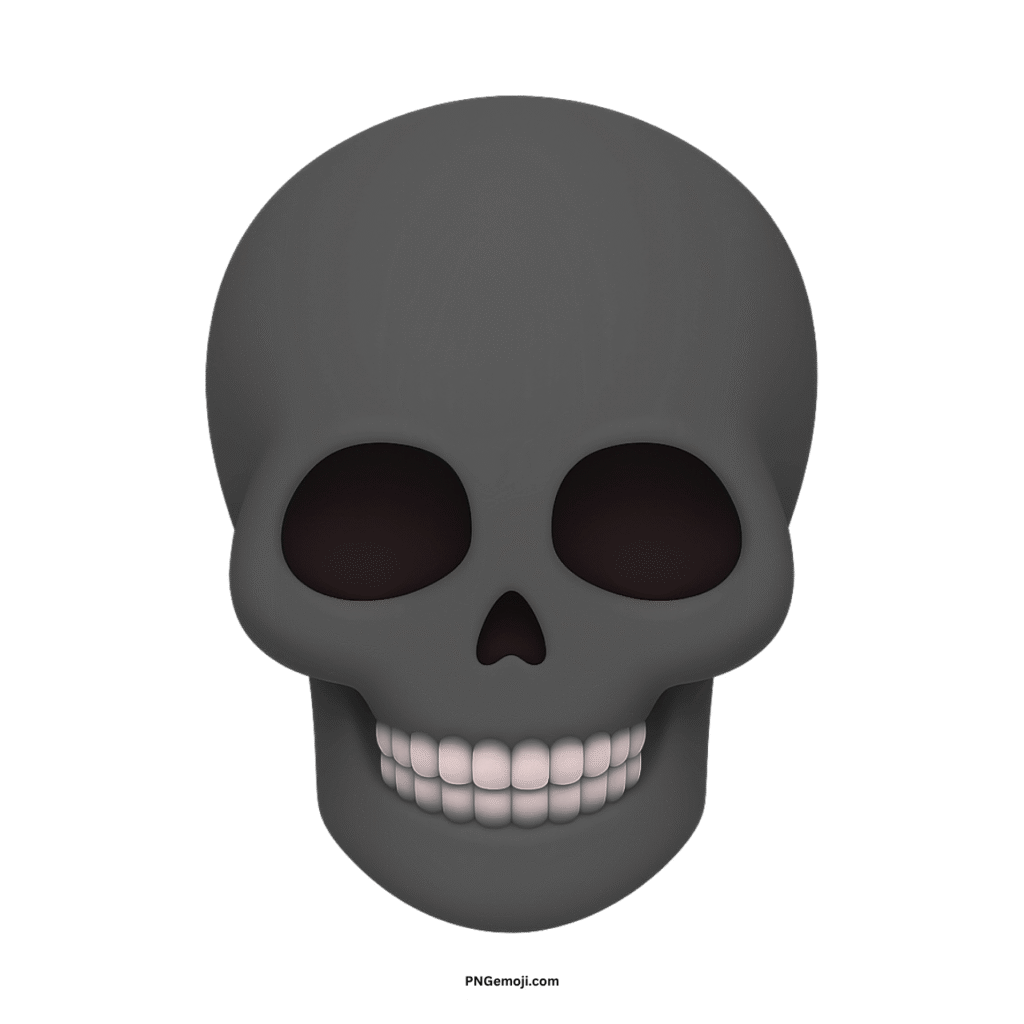 Stylized 3D gray skull face with white teeth, large eye sockets, on green.