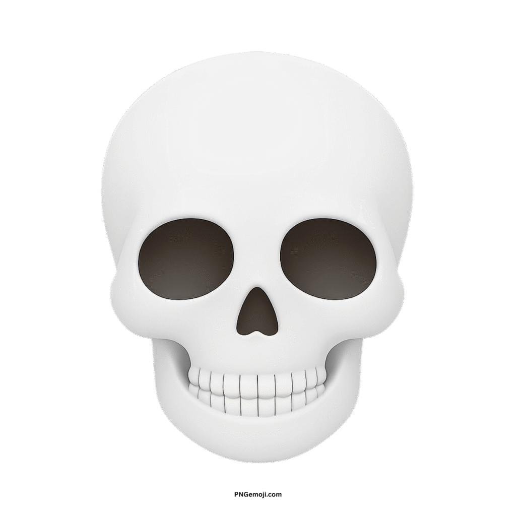 Stylized 3D white skull face with dark eye sockets, smiling teeth, on green.
