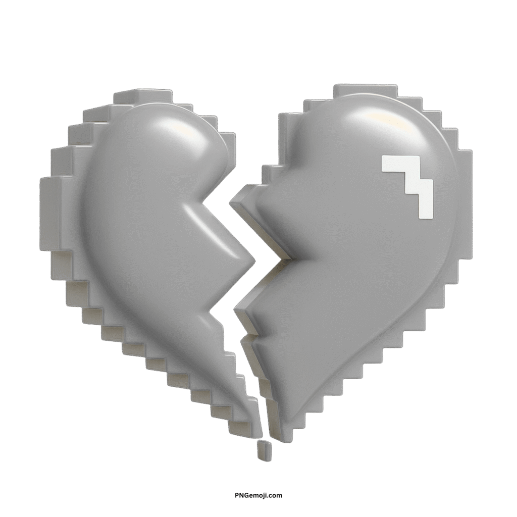 A 3D pixel art style white heart, broken, with a small white pixelated error symbol.