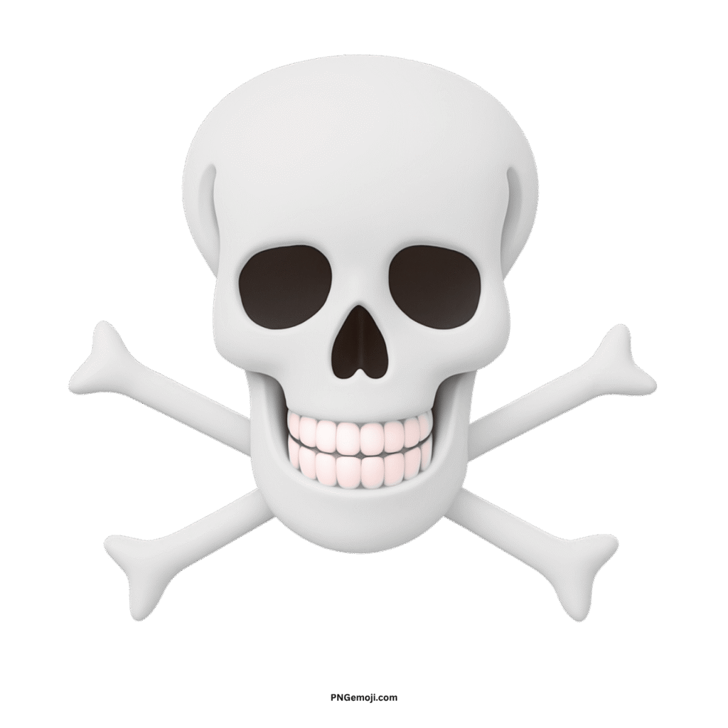Stylized 3D white skull and crossbones with teeth, black eye sockets, on green.