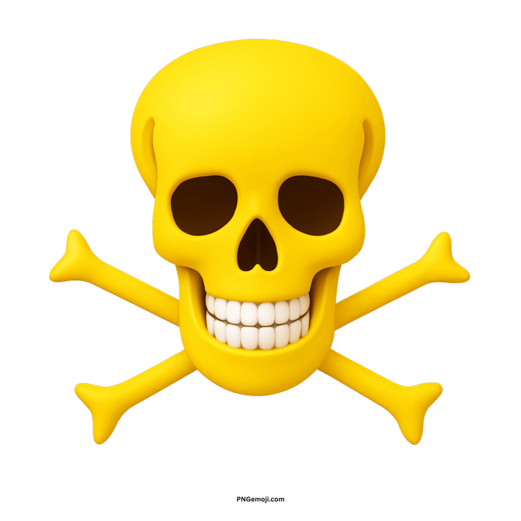 Stylized 3D yellow skull and crossbones with white teeth on black background.