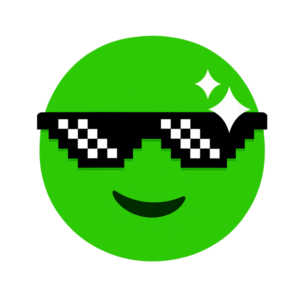 Green emoji wearing pixelated sunglasses with a cool attitude, perfect for digital expression.