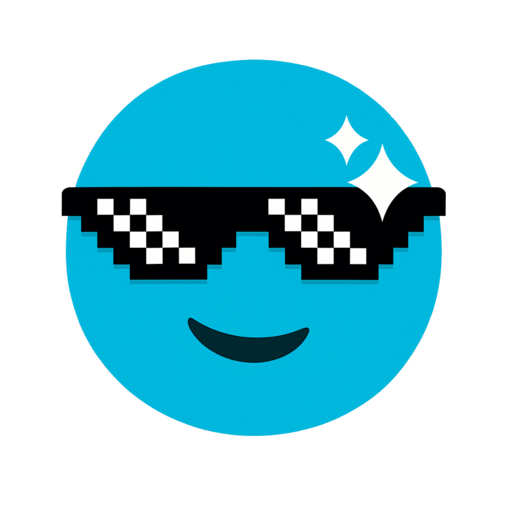 Light blue emoji wearing pixelated sunglasses with a cool attitude, perfect for digital expression.