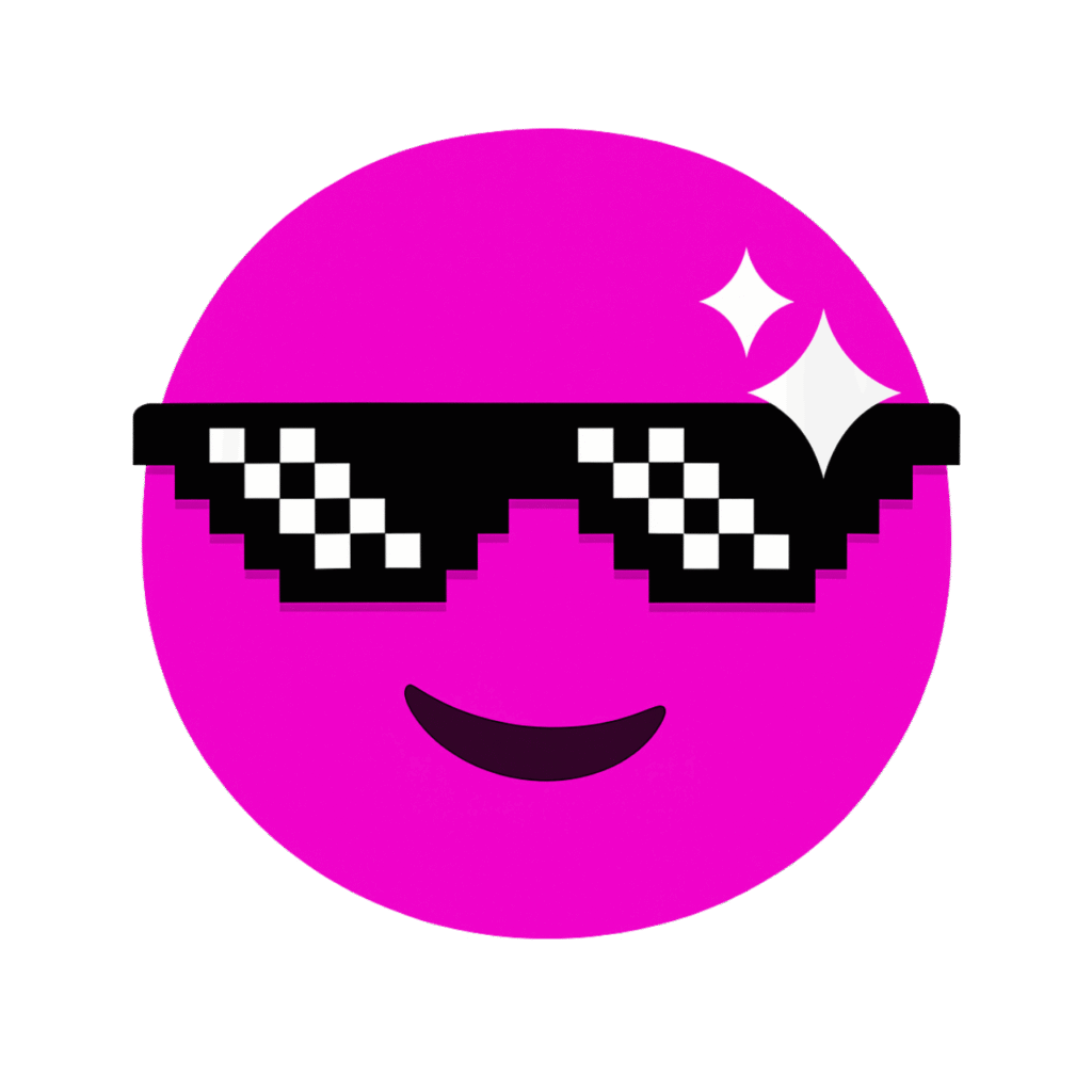 Pink emoji wearing pixelated sunglasses with a cool attitude, perfect for digital expression.