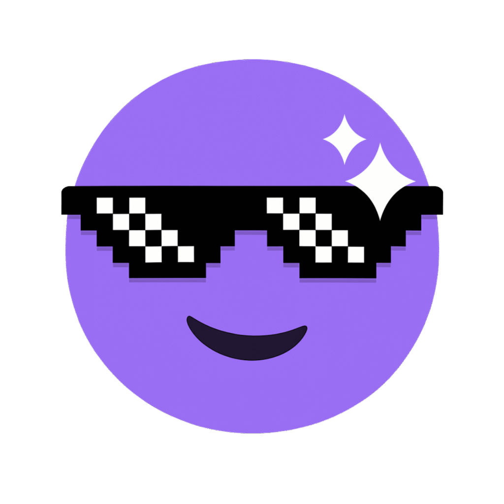 Purple emoji wearing pixelated sunglasses with a cool attitude, perfect for digital expression.