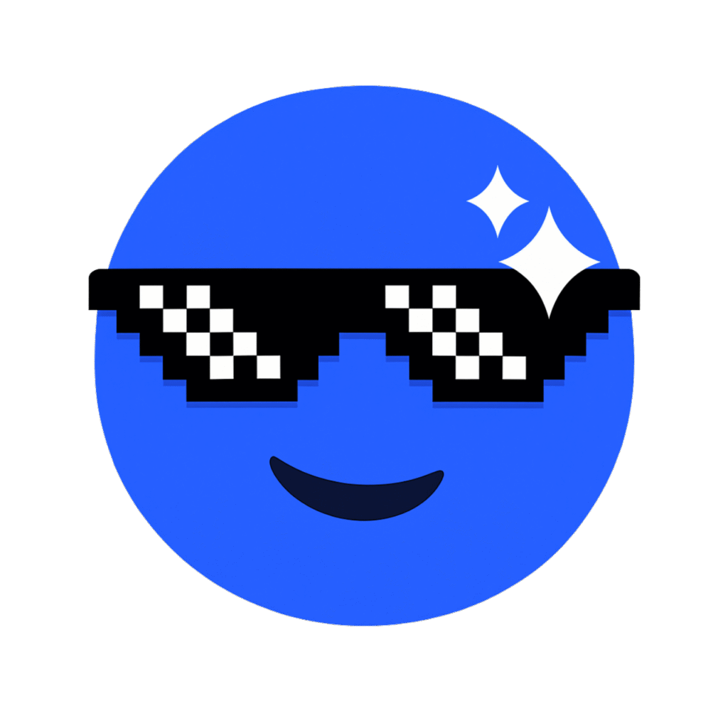 Blue emoji wearing pixelated sunglasses with a cool attitude, perfect for digital expression.