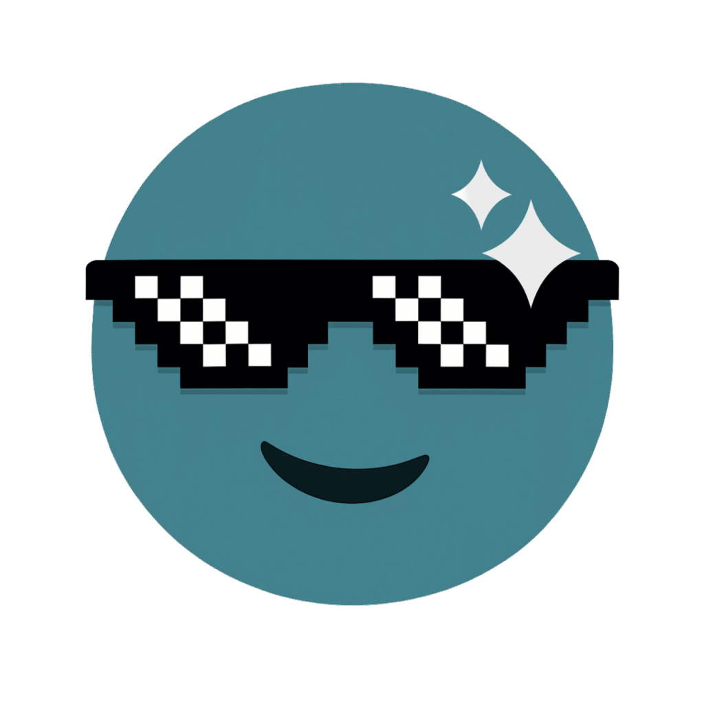 Teal emoji wearing pixelated sunglasses with a cool attitude, perfect for digital expression