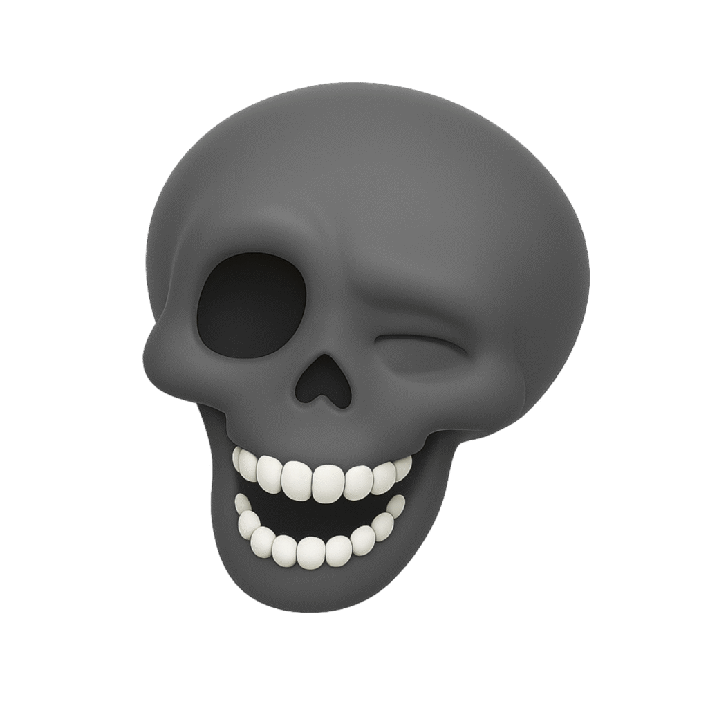 Dark grey winking and laughing skull emoji with white teeth on a light grey background.