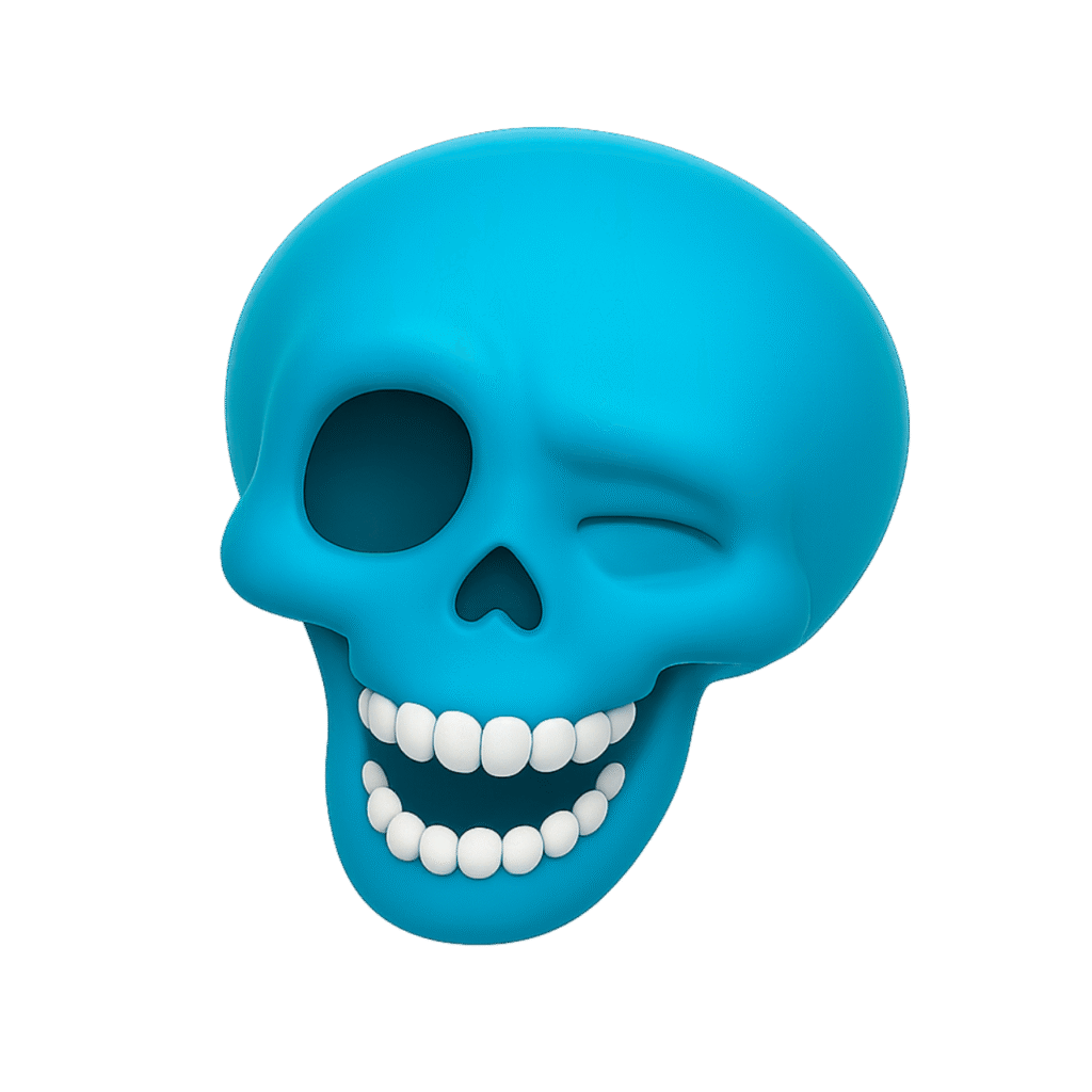 Light blue winking and laughing skull emoji with white teeth on a light grey background.
