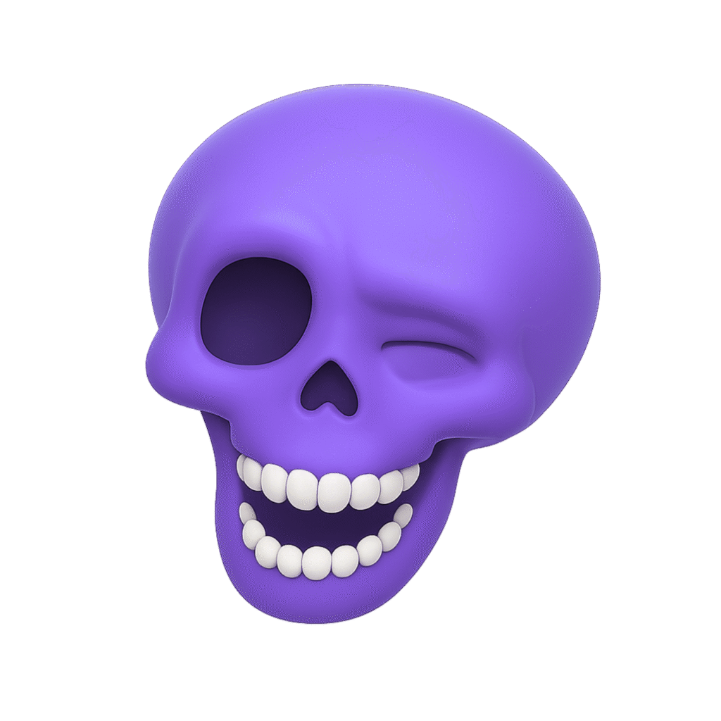 Vibrant purple winking and laughing skull emoji with white teeth on a light grey background.