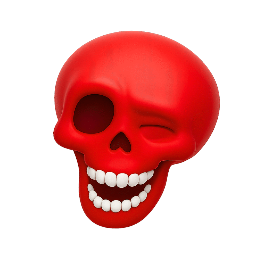 Bright red winking and laughing skull emoji with white teeth on a light grey background.