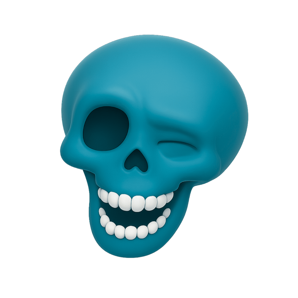 Vibrant teal winking and laughing skull emoji with white teeth on a light grey background.