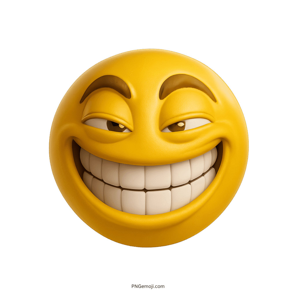 A yellow troll face emoji with a wide, mischievous grin and squinting eyes.
