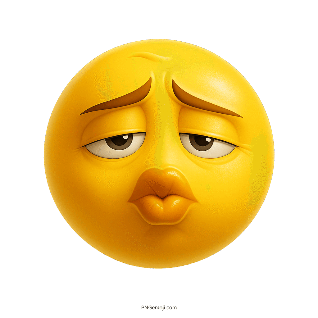 A sad yellow troll face emoji with pursed lips ready for a kiss, on a black background.