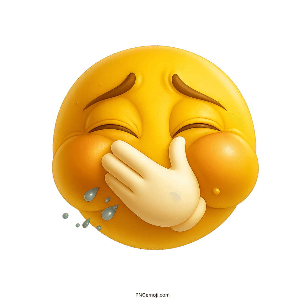 A yellow troll face emoji looking nauseous, with a hand over its mouth and drool.