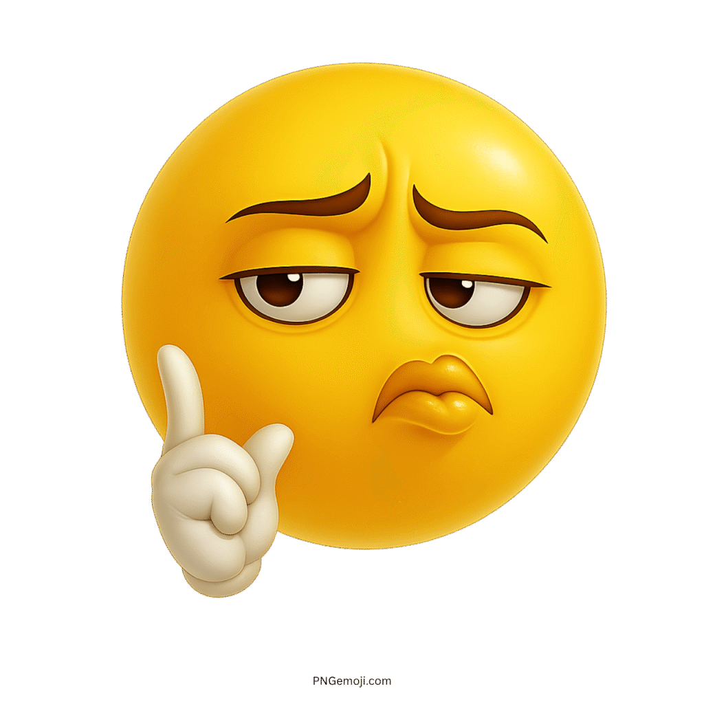 A yellow troll face emoji shaking its finger "no," with a skeptical expression and pursed lips.