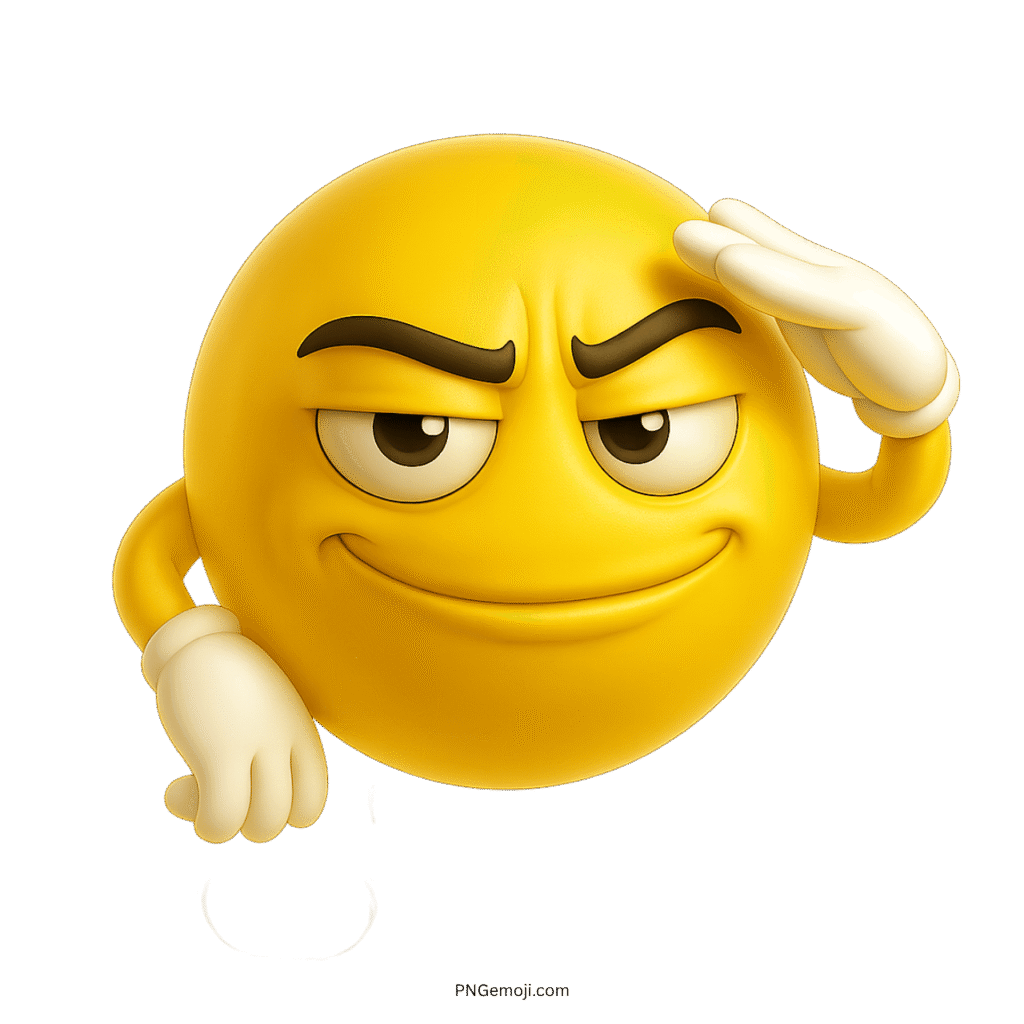 A yellow troll face emoji saluting with a confident, slightly mischievous expression.